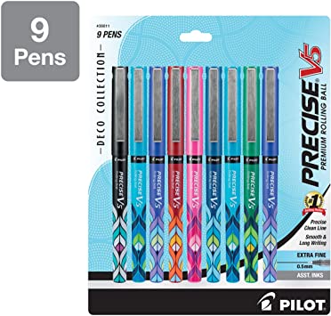 Pilot Precise V5 Deco Collection Rolling Ball Pens, Extra Fine Point,9-Pack, Assorted Colors (38811) for $5