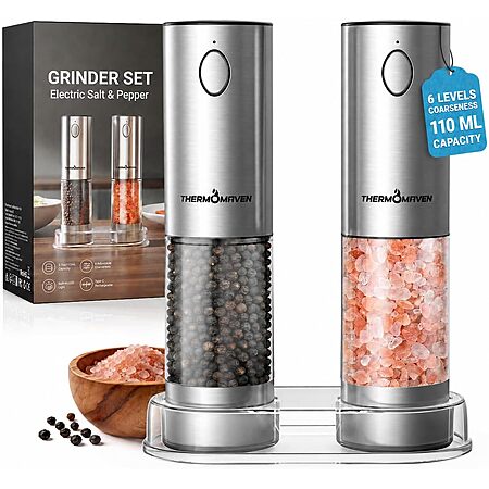 110ml ThermoMaven Rechargeable Salt & Pepper Grinder Set (Silver) $20 + Free S&H