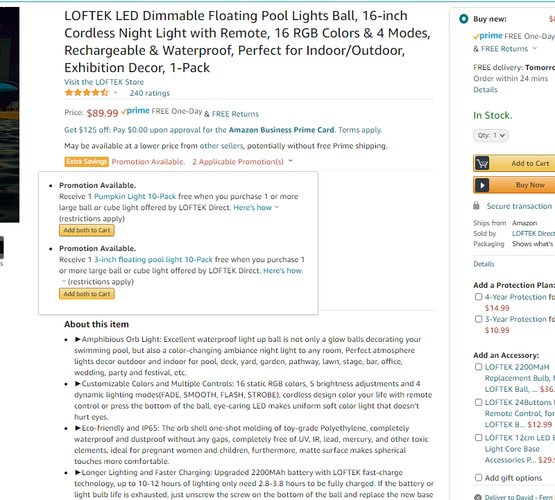 Loftek 16" Led pool ball w free 10 pack pumpkin and free 10 pack mini led balls 24.44
