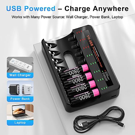BOANV 8PCS 2800mAh Rechargeable AA Batteries with LED Lights Charger | Amazon Prime members only