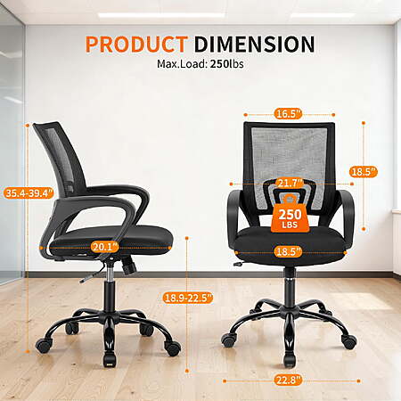 BestOffice Ergonomic Home Office Chair, Adjustable Lumbar Support and Height, with Arms, Black