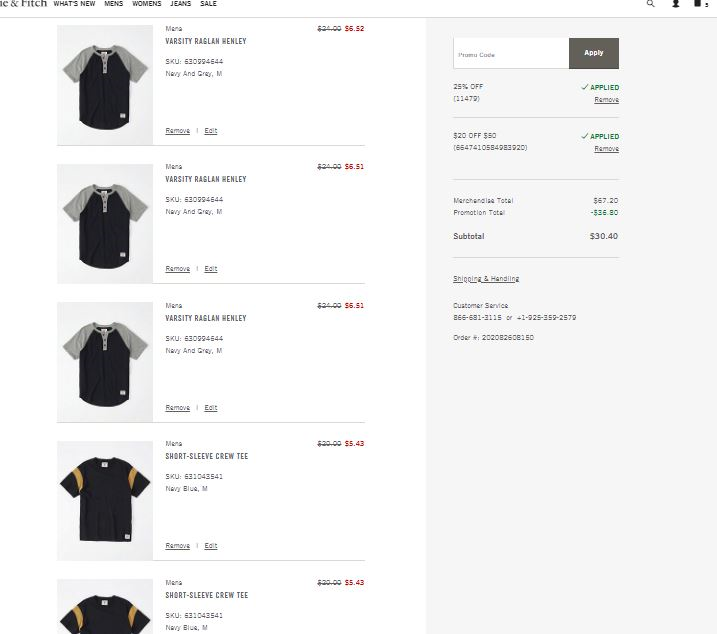 Abercrombie & Fitch : $20 off on $50. Stackable with 25 % extra off - promo code: 11479.