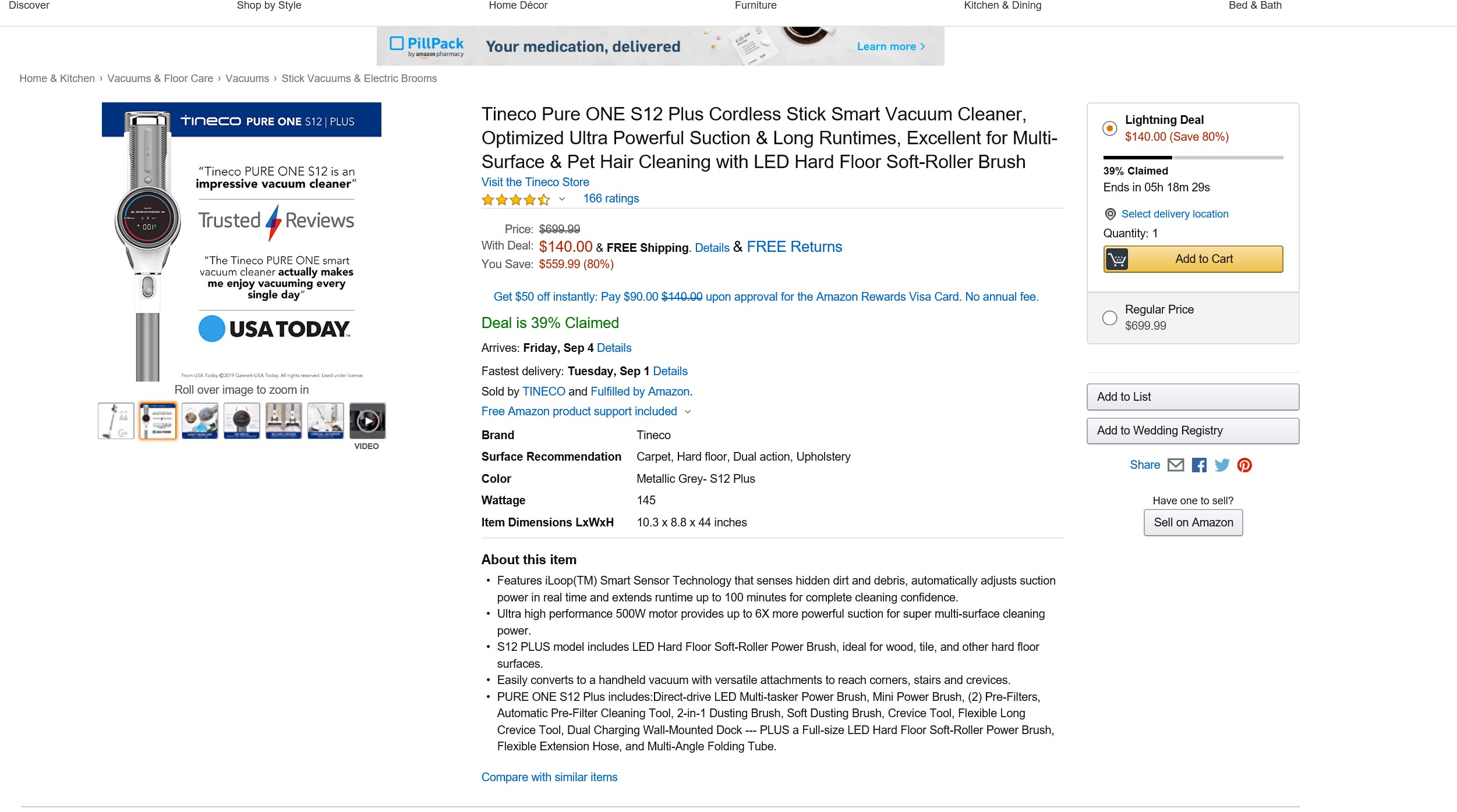 Tineco Pure ONE S12 Plus Cordless Vacuum Cleaner, for $140 - Amazon lightning deal