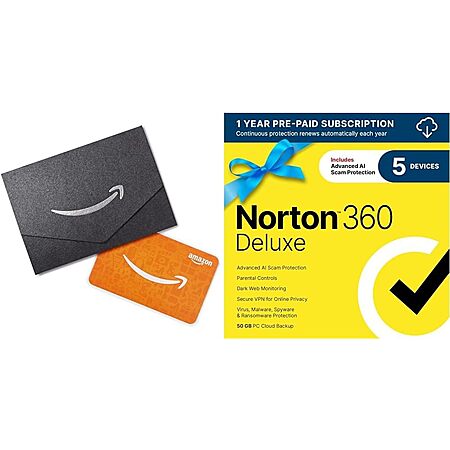 1-Year Norton 360 Deluxe Antivirus Software (5 Devices/Download) + $10 Amazon Gift Card $19.99 via Amazon
