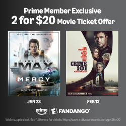 Amazon Prime Members Exclusive Movie Ticket Offer: Mercy + Crime 101 (2026) 2 for $20 (Any Movie Ticket Format)