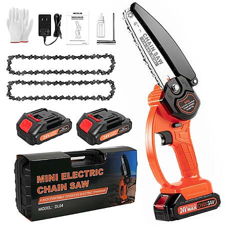 Nexpow 6" 24V Battery Powered Mini Handheld Chainsaw w/ 2x Batteries