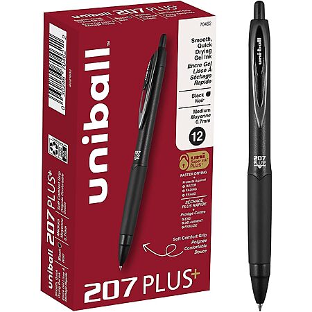 12-Pk uniball 207 Plus+ 0.7mm Medium Point Retractable Gel Pens (Black Ink) $10.35 w/ S&S