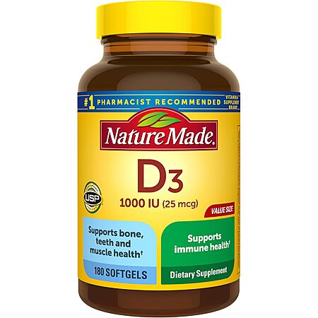 Select Amazon Accts: 180-Ct Nature Made Vitamin D3 1000 IU Softgels Supplement $4.25 w/ S&S