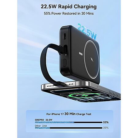 Grepro 10000mAh Magnetic Portable Power Bank w/ 22.5W USB-C Cable (Black) $15