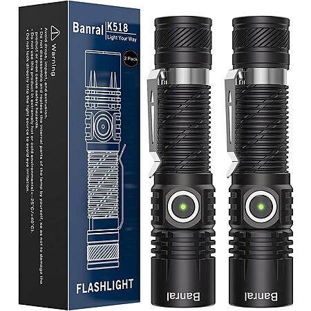 2-Pk Banral K518 USB-C Rechargeable Mini EDC Pocket LED Flashlight (Black) $9.80