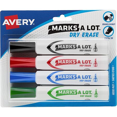 4-Pk Avery Marks A Lot Dry Erase Markers w/ Chisel Tip (Bold Colors) $4.30
