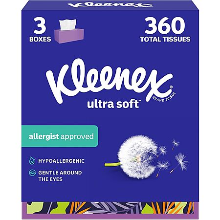 120-Ct Kleenex Ultra Soft 3-Ply Facial Tissues Flat Box 3 for $12 w/ S&S