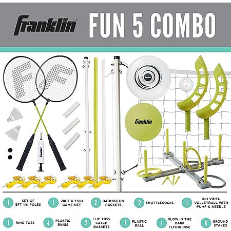 Franklin Sports Outdoor Fun 5 Combo Set w/ Volleyball, Badminton (Yellow) $20 & More