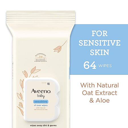 3-Pk 64-Ct Aveeno Baby Sensitive All Over Wipes w/ Oat Extract & Aloe $3.80 w/ S&S