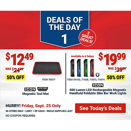 Harbor Freight In-Stores Only: Icon Magnetic Tool Mat or Icon Slim Work Light 50% Off (Valid 9/25 Only)