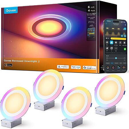 Govee Smart Recessed LED RGBIC Dimmable Downlight: 6-Pk 6" $180 or 4-Pk 6" $120 + Free S&H