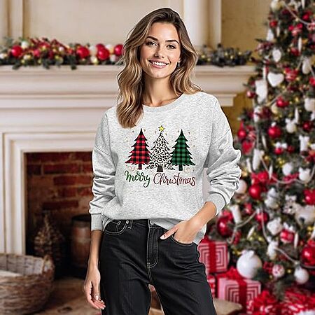 Women's Xlievo Christmas Sweatshirt Holiday Pullover in Gray (Xmas Tree Graphic)