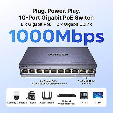 Prime Members: UGREEN 10-Port Unmanaged PoE Switch/Gigabit Ethernet Switch $33.60 & More + Free S&H