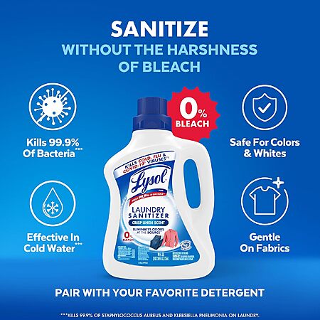 Prime Members: 90oz. Lysol Laundry Sanitizer Liquid Detergent (Crisp Linen) $9.85 w/ S&S + Free S&H