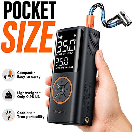 $18.99: Ophanie Cordless Portable Tire Inflator, 160 PSI, Air Pump, LED Light & Digital Pressure Gauge