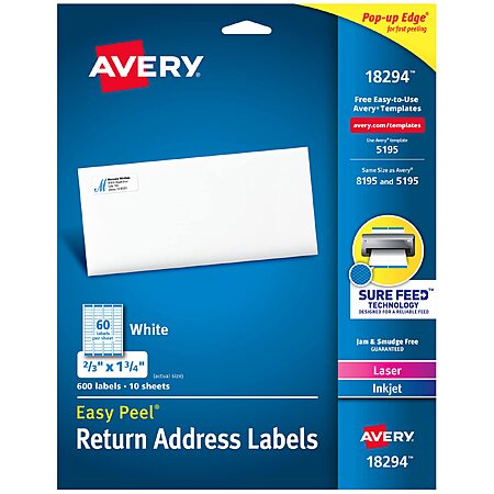$24.21: Avery Printable Return Address Labels, Sure Feed Technology, 2/3" x 1-3/4", White, 600 Blank Labels per Pack (5-Pack of 18294)