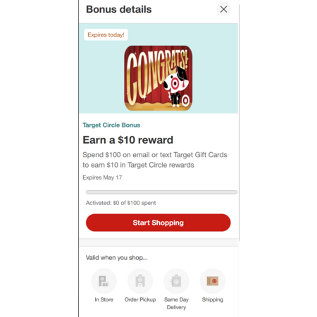 "Today Only" Spend $100 on email or text Target Gift Cards to earn $10 in Target Circle rewards