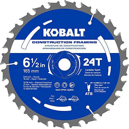 Kobalt 6-1/2-in 24 -Tooth Rough Finish Tungsten carbide-tipped steel Circular saw blade $5.42 @lowes