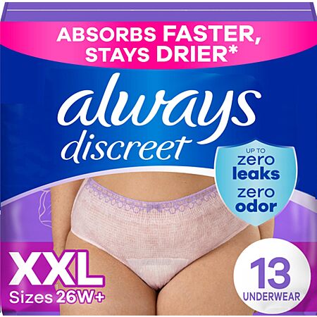 Always Discreet Adult Incontinence Underwear for Women and Postpartum Underwear, XXL, Up to 100% Bladder Leak Protection, 13 Count for $6