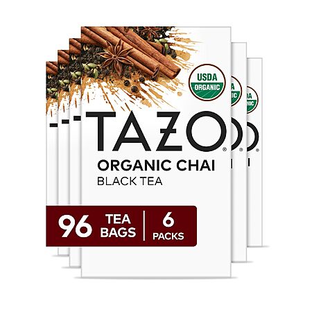 S&S TAZO Organic Chai Black Tea Bags, Blend of Black Teas, Ginger, Cinnamon, Black Pepper & Cardamom, 96 Total Tea Bags (16ct - Pack of 6) for $14