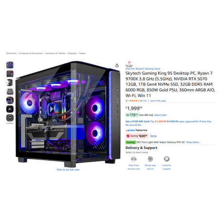 [YMMV] Skytech Gaming King 95 Desktop PC, Ryzen 7 9700X 3.8 GHz (5.5GHz), NVIDIA RTX 5070 12GB, 1TB Gen4 NVMe SSD, 32GB DDR5 for $1400