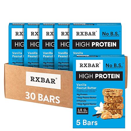 S&S RXBAR High Protein Bars, 18g Protein, Gluten Free, Protein Snacks, Vanilla Peanut Butter (6 Boxes, 30 Bars) for $25.63