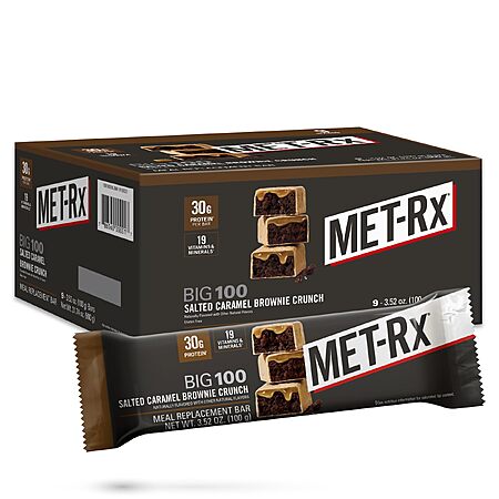 Pack of 9 MET-Rx Big 100 Protein Bar, Salted Caramel Brownie Crunch, 30G Protein