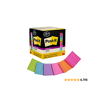Post-it Super Sticky Notes, Assorted Bright Colors, 3x3 in, 15 Pads ...