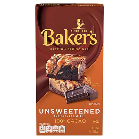 4-Oz Baker's Unsweetened Chocolate Premium Baking Bar with 100 % Cacao $1.97 w/ S&S + Free Shipping w/ Prime or on $35+
