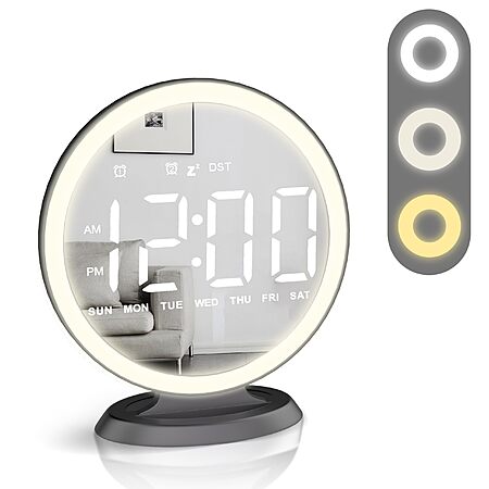 JALL Round Mirror Lighted Digital Alarm Clock w/ USB Charging Port $18 