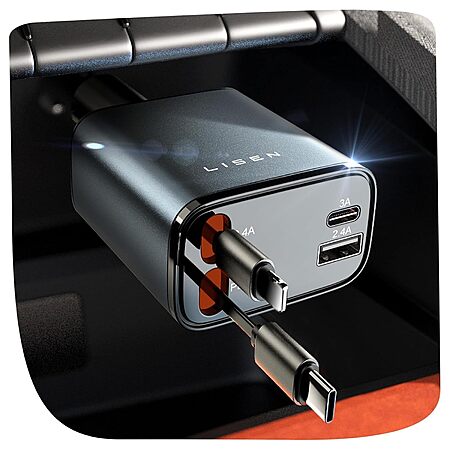 LISEN 69W 4-in-1 Retractable USB-C + Lightning Car Charger $12 
