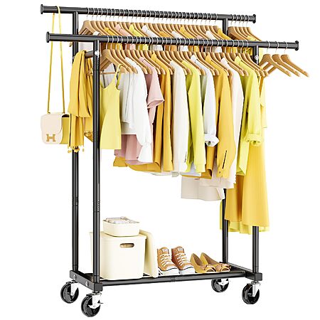 HYSEYY Metal Double Rod Rolling Clothing Rack (Black) - 2026-02-06