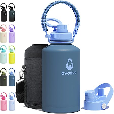 64-Oz avodvo Insulated Water Bottle w/ 2-in-1 Lid & Strap
