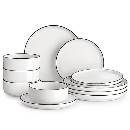[Prime] 12-Piece Malacasa Porcelain Dinnerware Set (Ivory White-Black Rim) $30.99 + Free Shipping