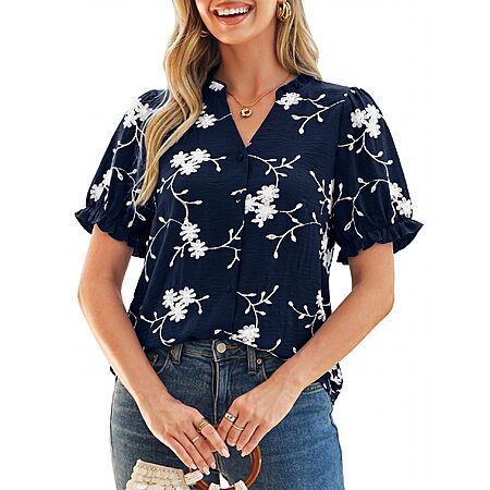 Simplee Womens Button Down Puff Ruffle Short Sleeve Blouse Tops (Various) $7.49 + Free Shipping w/ Prime or on $35+