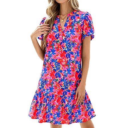 dowerme Women's Puffy Sleeve V-Neck Loose Floral Print A Line Boho Mini Babydoll Dress w/ Pockets(Various) $18.49 + Free Shipping w/ Prime or on $35+
