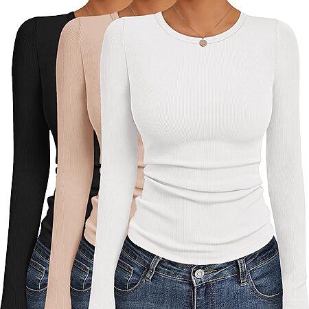 3-Pack Ekouaer Women's Crew Neck Stretchy Fitted Long Sleeve Shirt Tops (Various) $9.99 + Free Shipping w/ Prime or on $35+