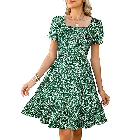 Lyrur Women's Floral Square Neck Smocked Knee Length Summer Dress (Various) $10