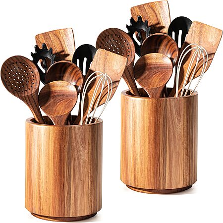 2-pk Criusia 360° Rotating Acacia Wood Cooking Utensil Crocks for Kitchen Counter $19