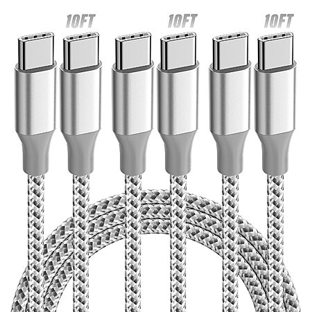 3-Pk 10' 60W KYEHD USB-C to USB-C Fast Charging Cable (Grey White) $4