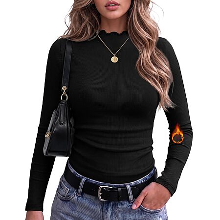 JUICICI Women's Lettuce Trim Mock Neck Top Ribbed Knit Long Sleeve Shirts (Black or White) $6.99 + Free Shipping w/ Prime or on $35+