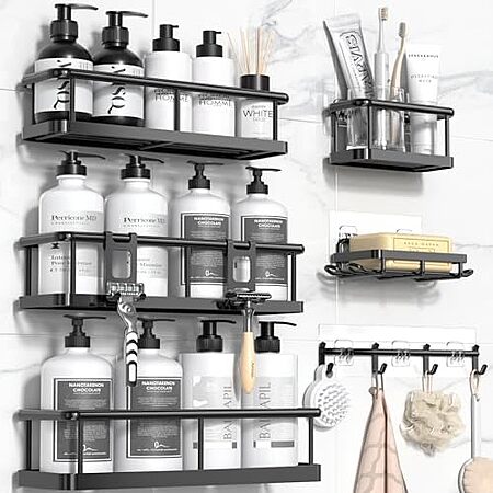 6-Pc Yasonic Shower Caddy Organizers w/ Hooks (Black)