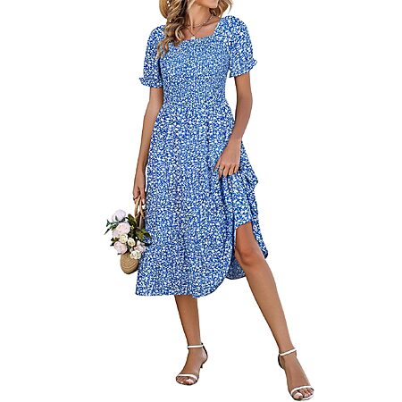 Younrui Women's Casual Smocked Square Neck Sundress (Floral)