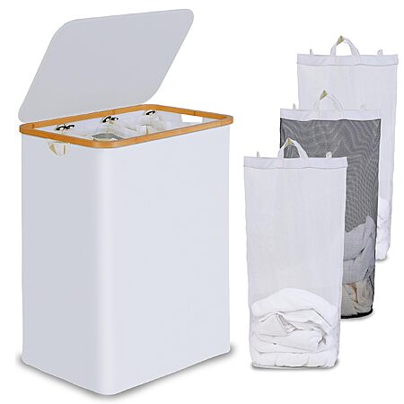 160L efluky 3-Section Laundry Hamper w/ Lid & 3x Removable Bags (White)