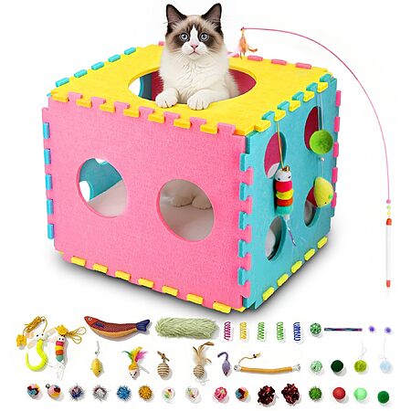 Prime Members: 17" MOYMO Cat Dice House w/ Soft Pillow & 41-Pcs Interactive Toys $18.90 + Free S&H